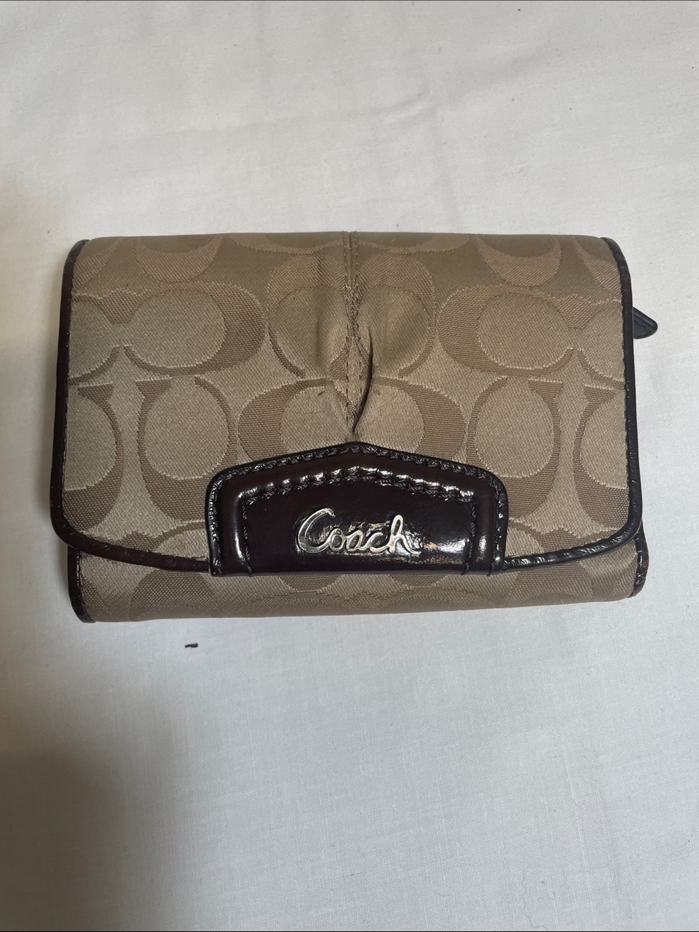 Coach Tan Signature Canvas Wallet with Dark Brown Trim